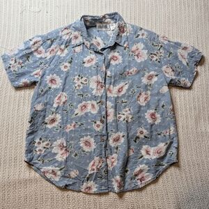 VTG 90s Lauren Brooke Womens Petite Large Shirt Medium Blue Embroidered Floral